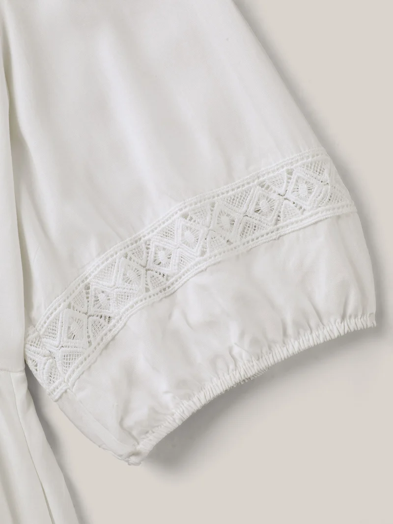 Rayon Lace Trim Cinched-Waist Midi Dress