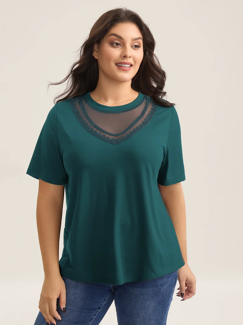 Sheer Neck Solid Panel T-Shirt