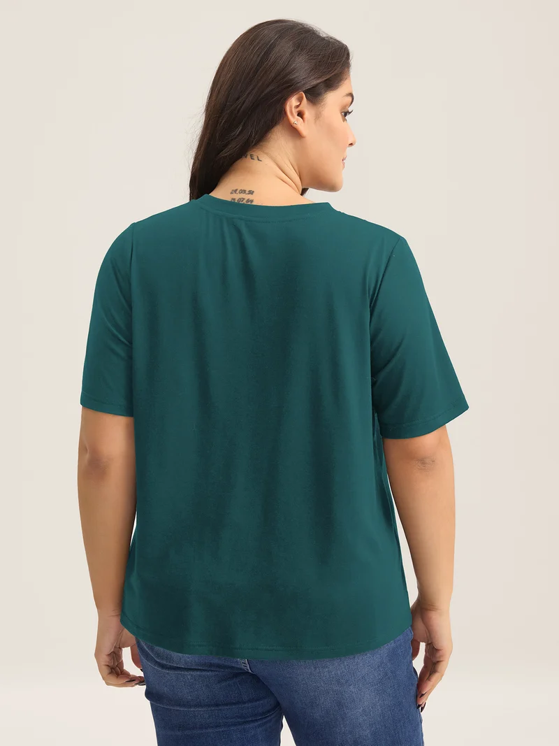 Sheer Neck Solid Panel T-Shirt