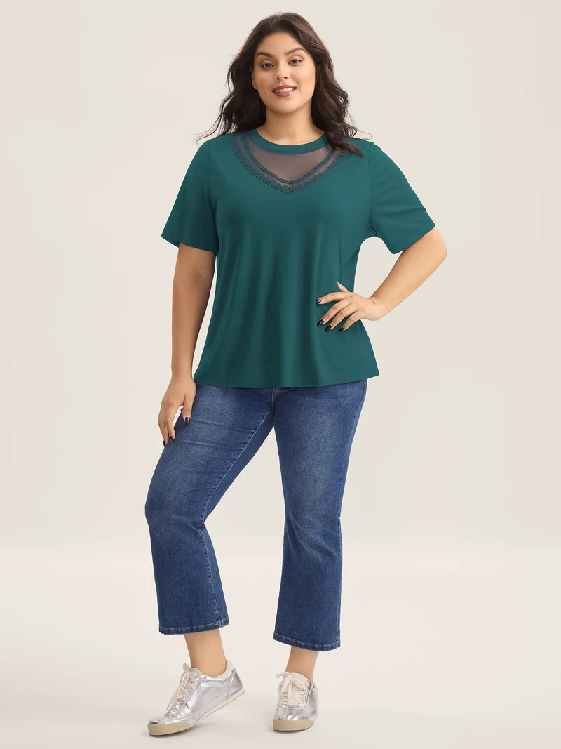 Sheer Neck Solid Panel T-Shirt