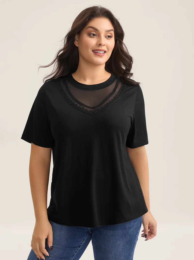 Sheer Neck Solid Panel T-Shirt