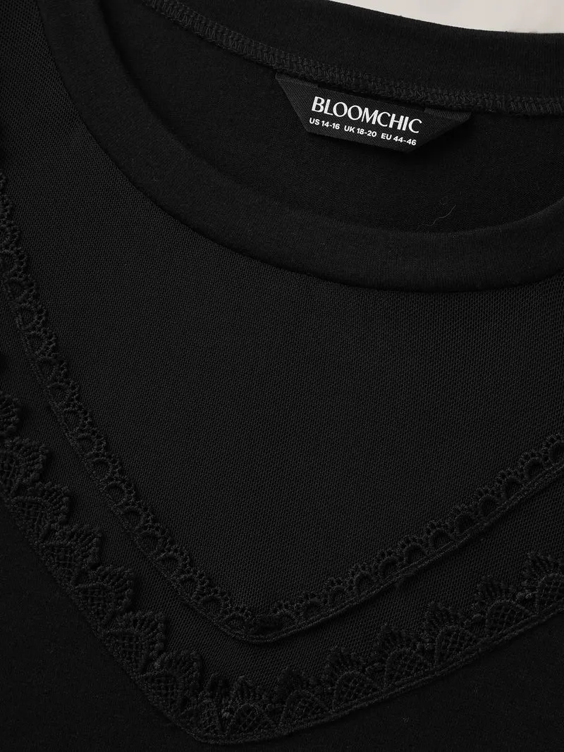 Sheer Neck Solid Panel T-Shirt