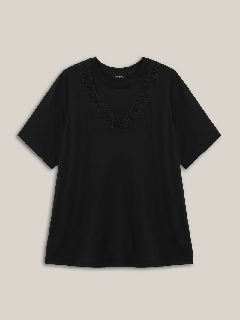 Sheer Neck Solid Panel T-Shirt