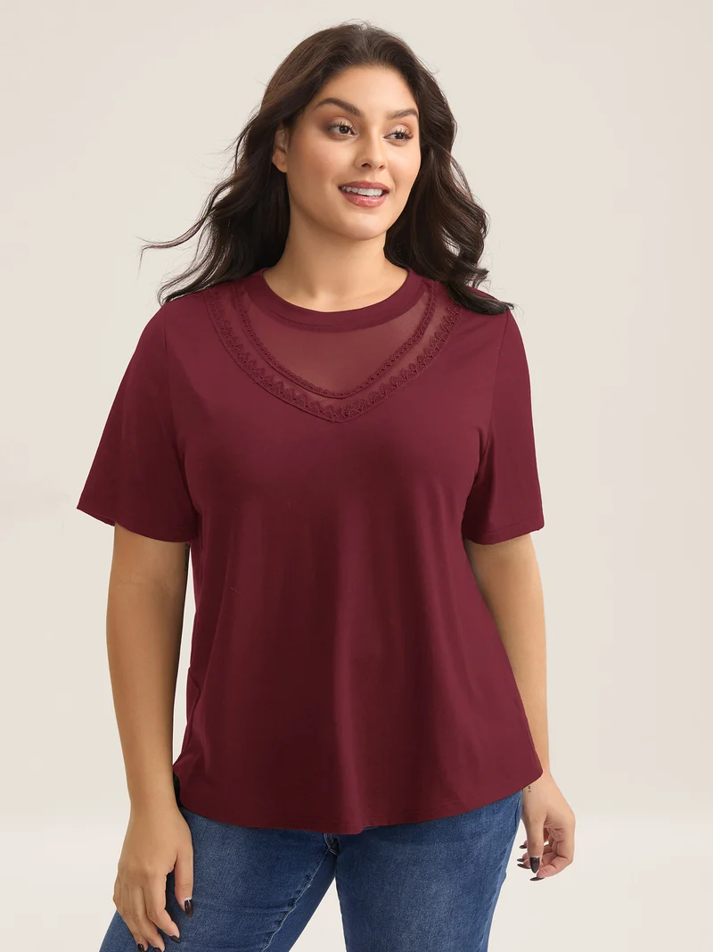 Sheer Neck Solid Panel T-Shirt