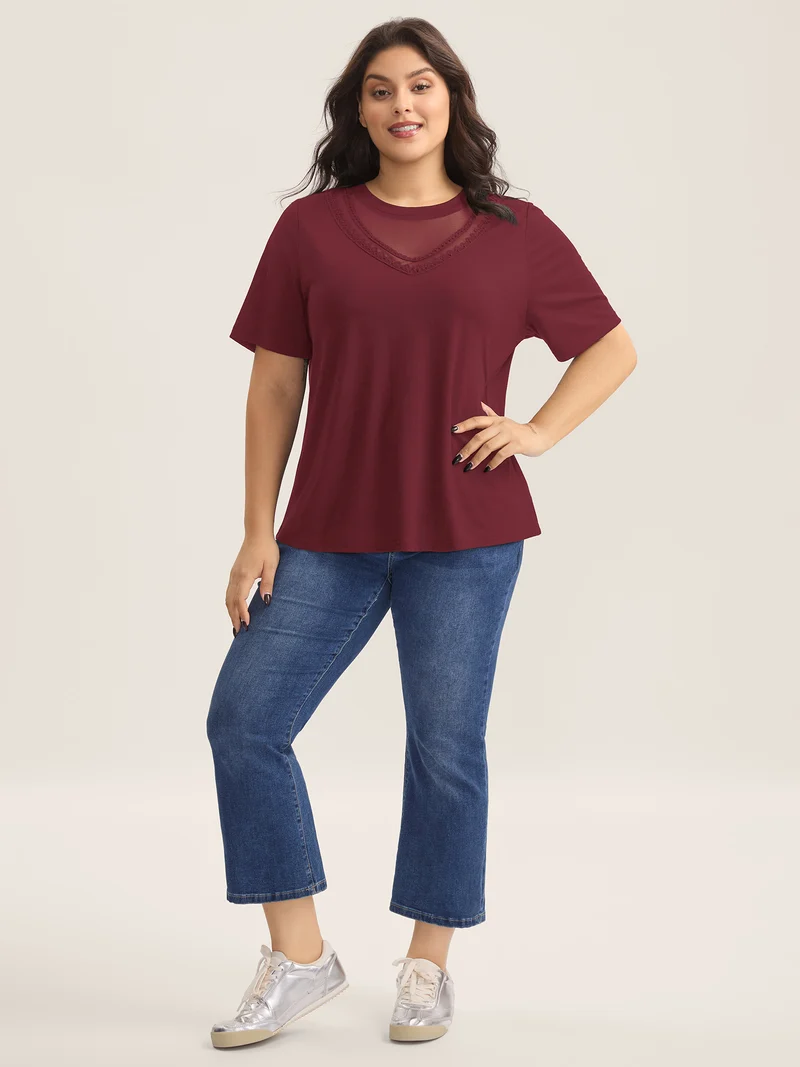 Sheer Neck Solid Panel T-Shirt