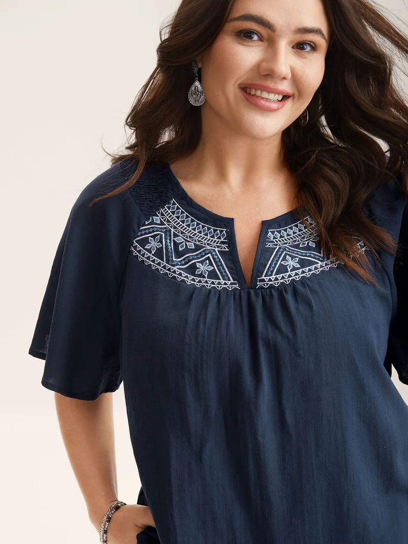 Cotton Boho Embroidered Neck Shirred Shoulder Blouse