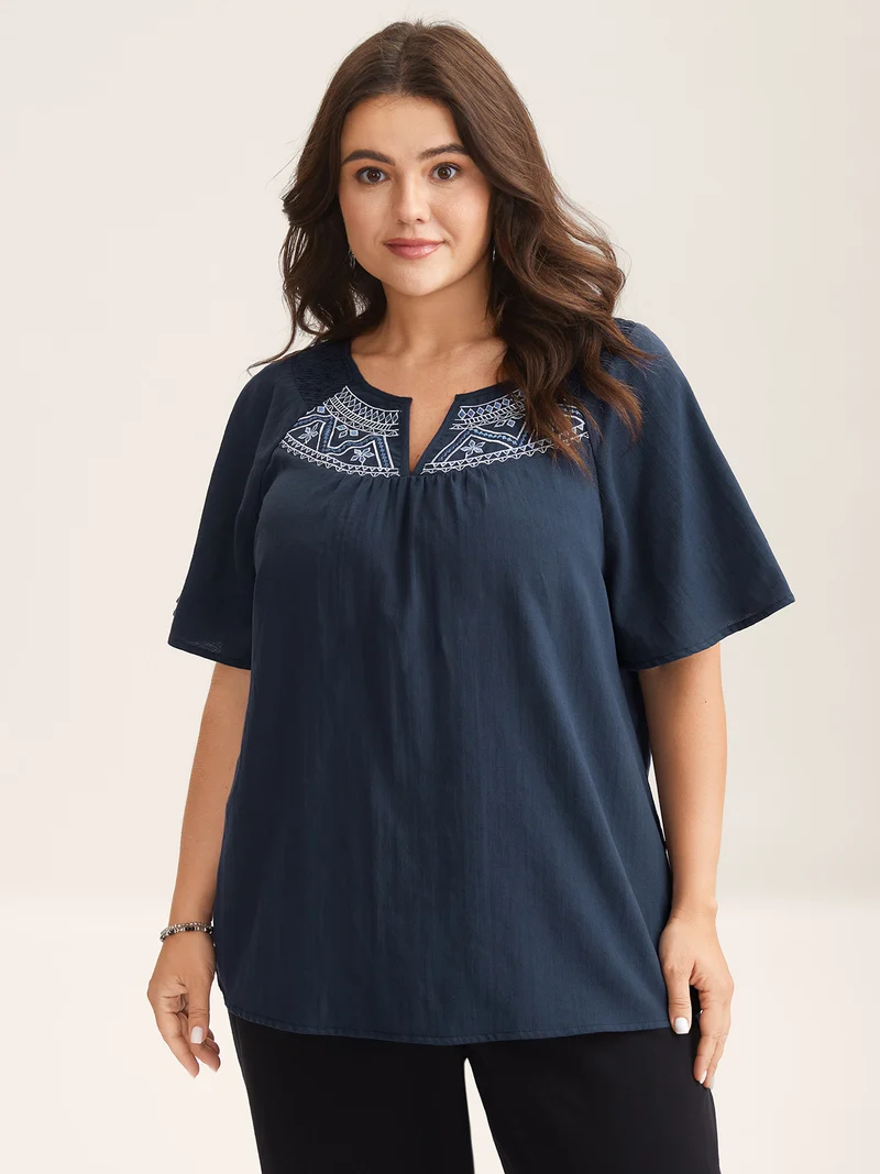 Cotton Boho Embroidered Neck Shirred Shoulder Blouse