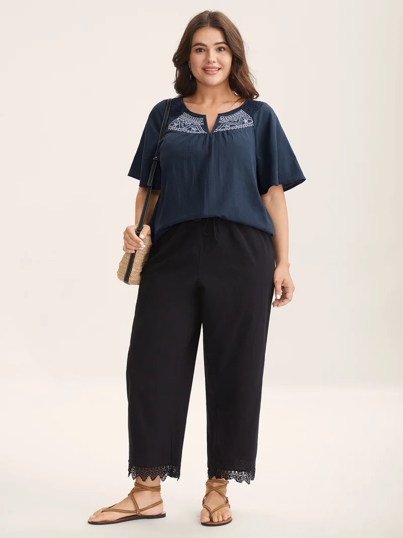 Cotton Boho Embroidered Neck Shirred Shoulder Blouse