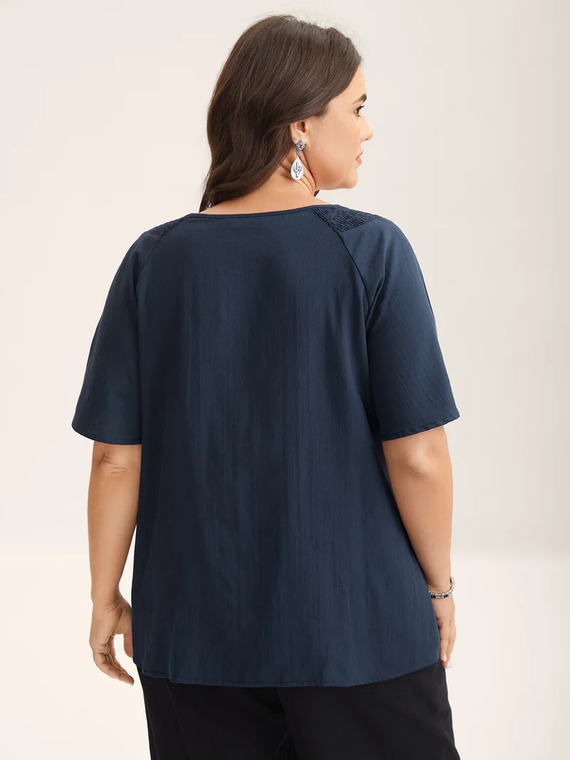 Cotton Boho Embroidered Neck Shirred Shoulder Blouse