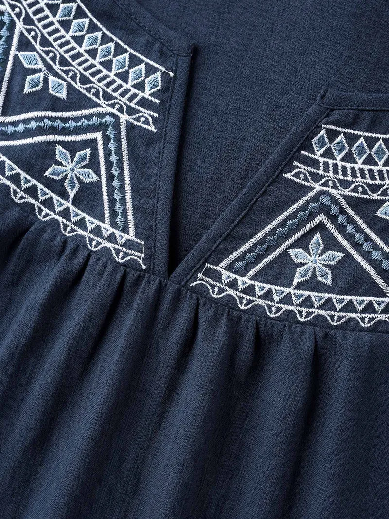 Cotton Boho Embroidered Neck Shirred Shoulder Blouse