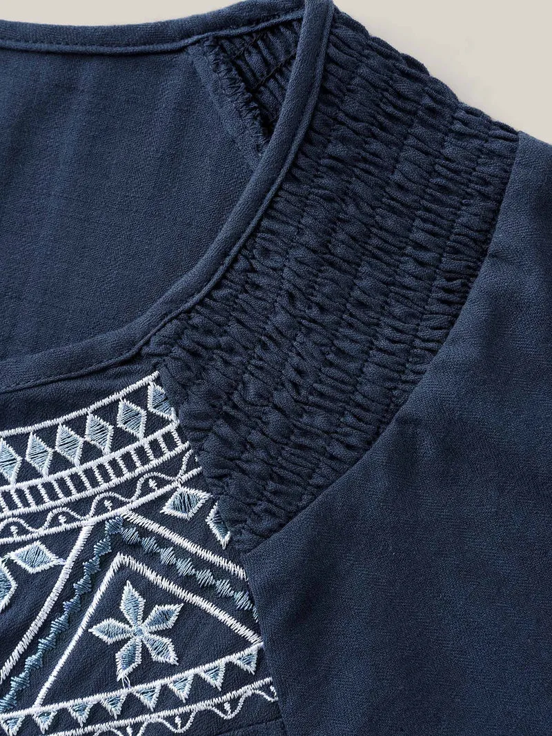 Cotton Boho Embroidered Neck Shirred Shoulder Blouse