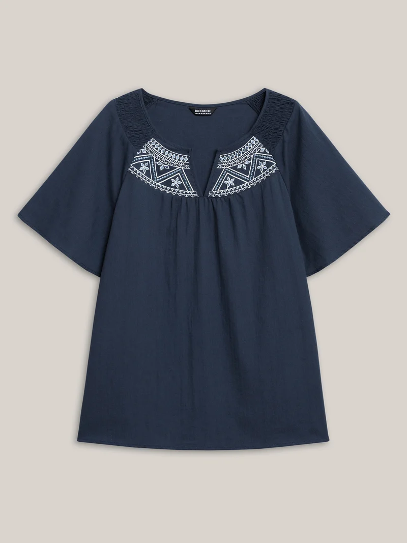 Cotton Boho Embroidered Neck Shirred Shoulder Blouse