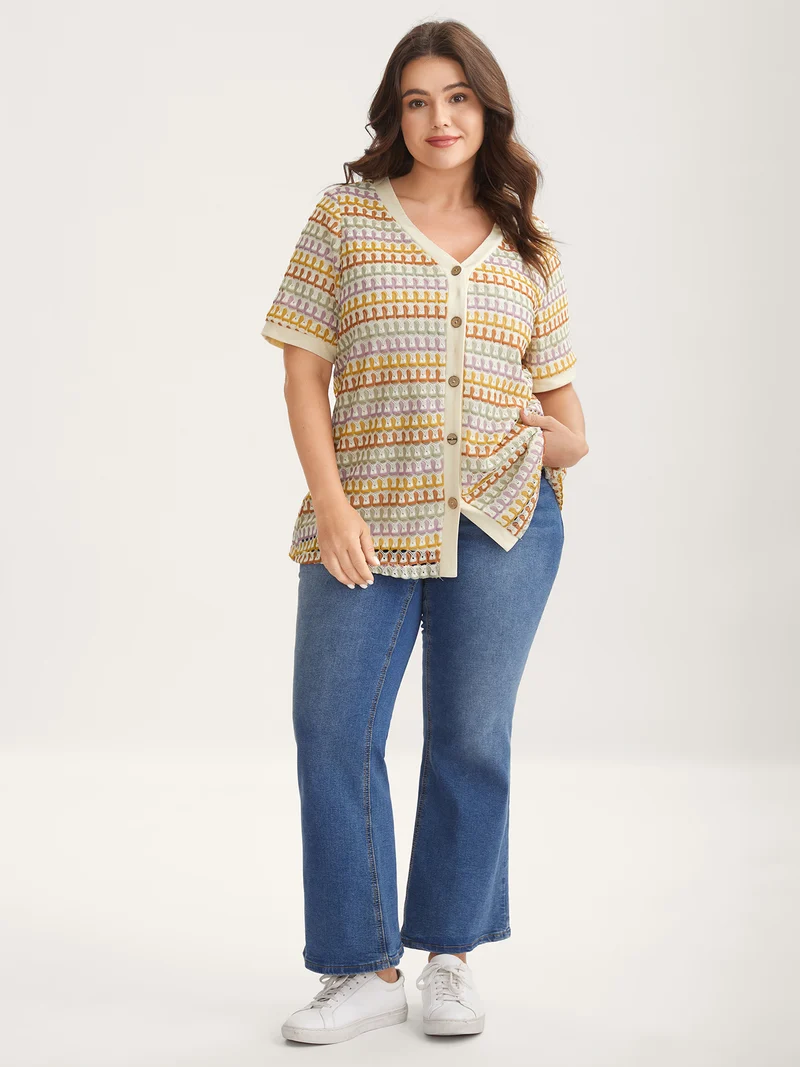 Colorful Crochet Stretchy Button T-Shirt