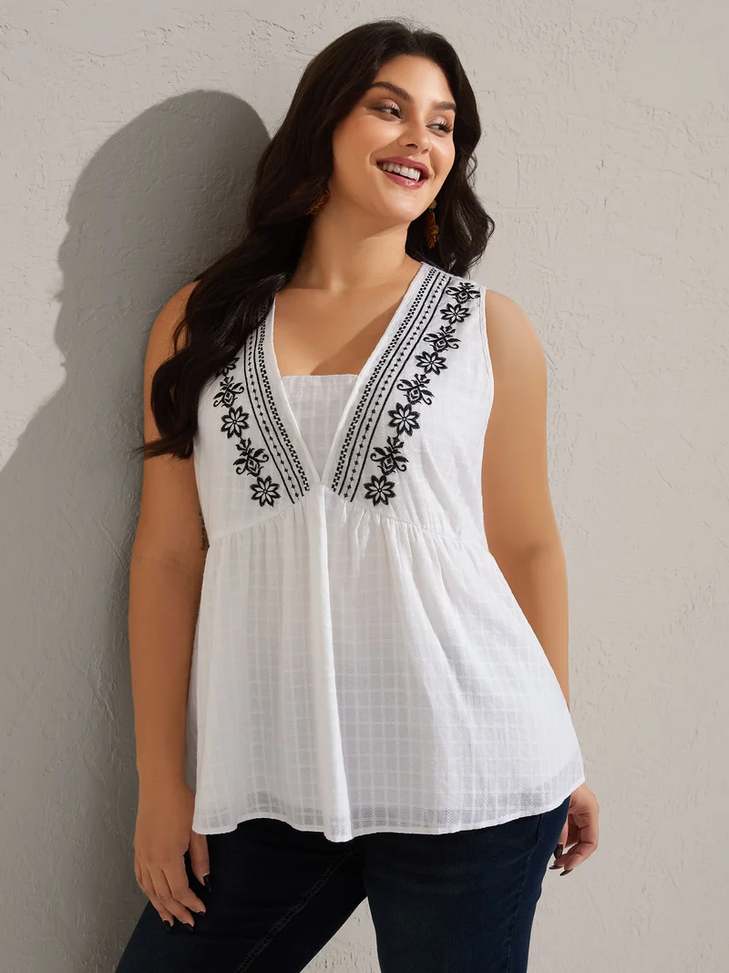 Pure Cotton Jacquard Embroidered Tank Top