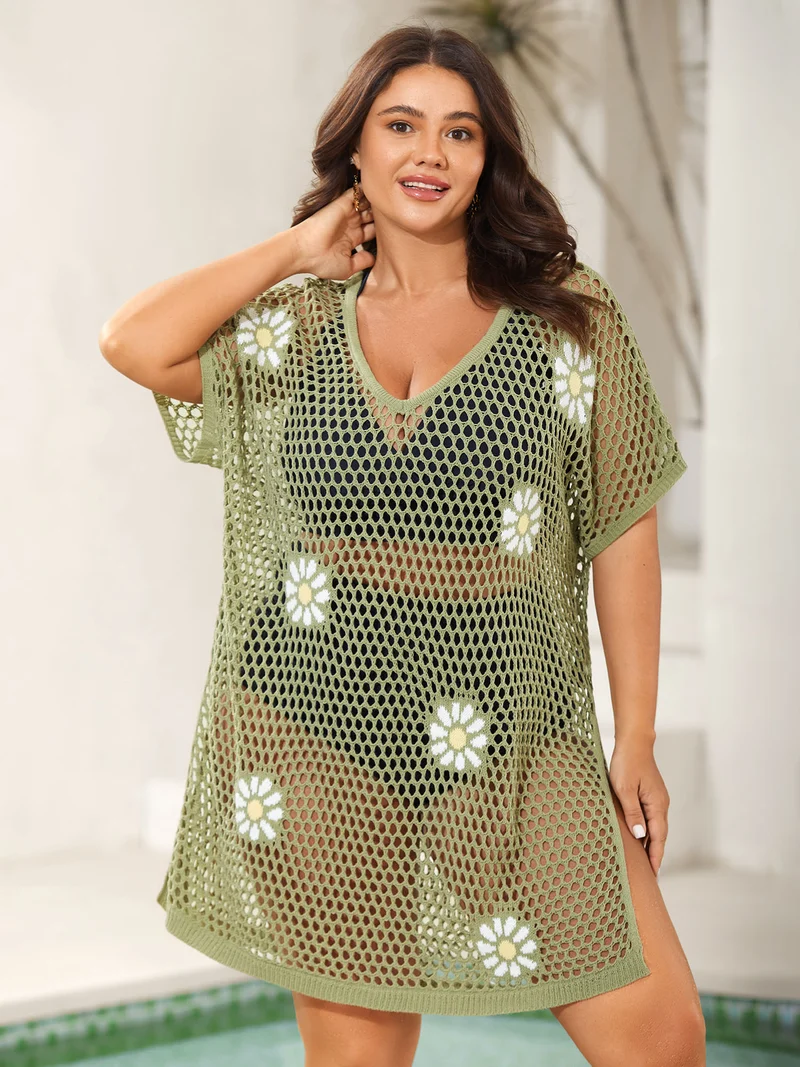 Floral Jacquard Crochet Swim Cover-Up