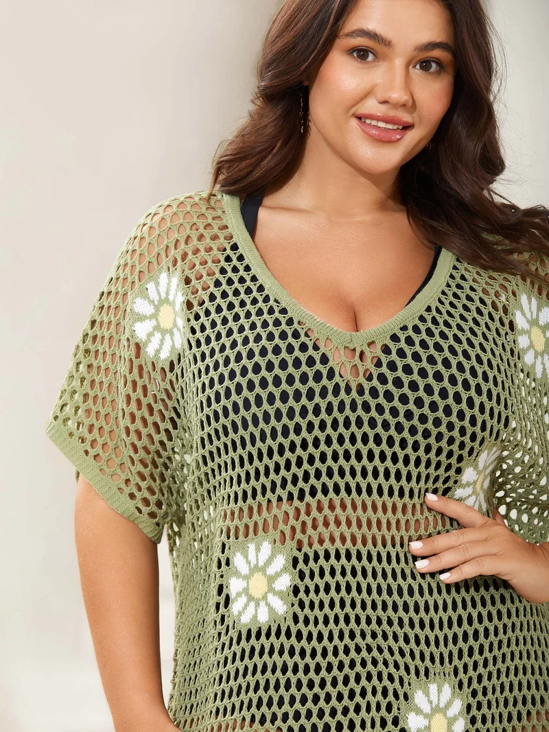 Floral Jacquard Crochet Swim Cover-Up