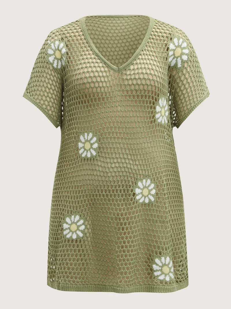Floral Jacquard Crochet Swim Cover-Up