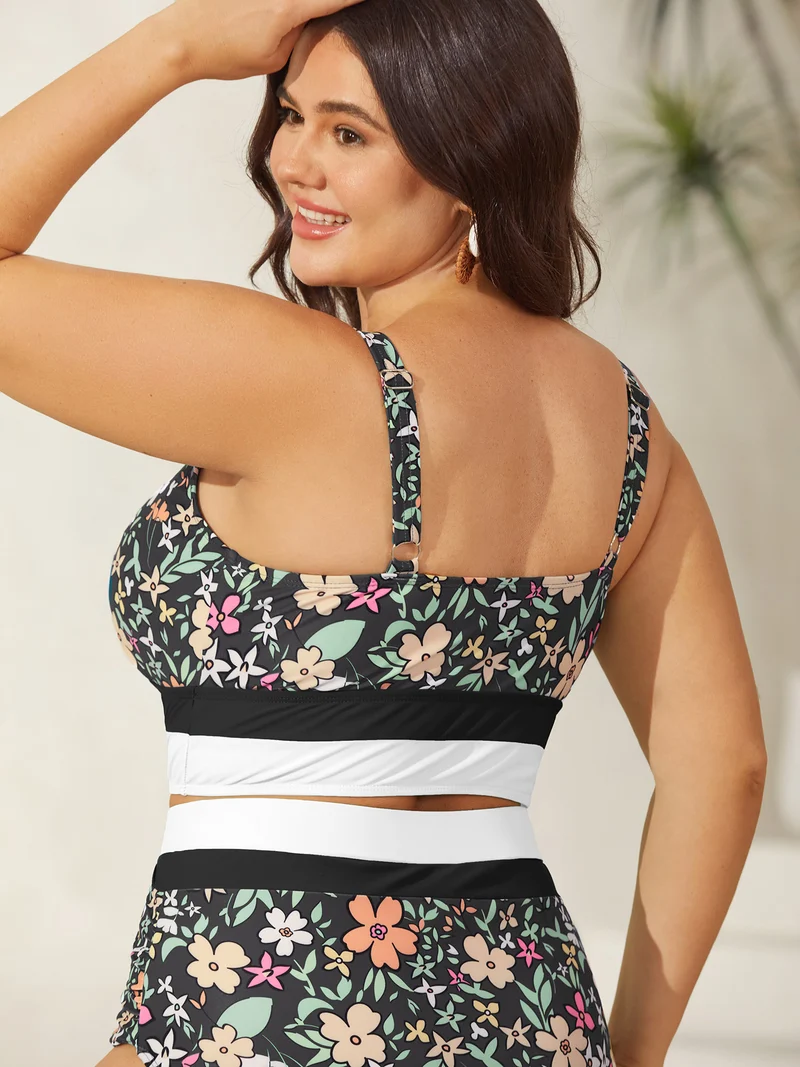 Floral Print Color Contrast Swim Top
