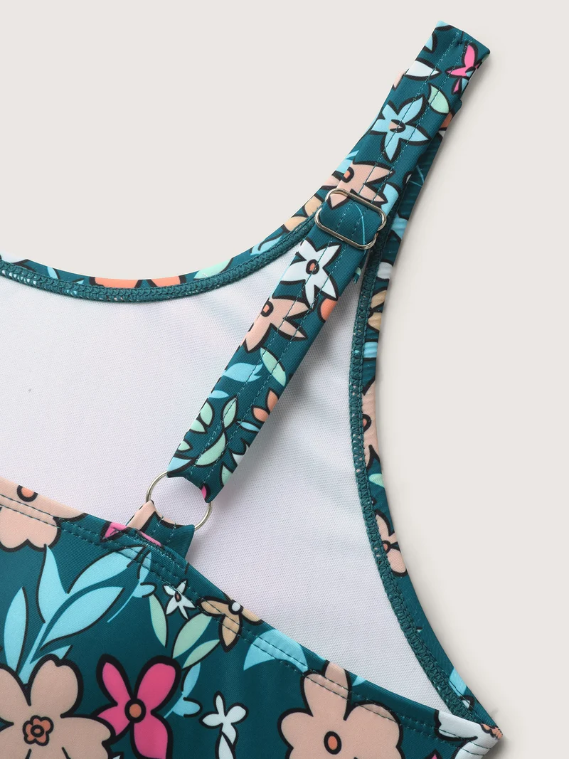 Floral Print Color Contrast Swim Top