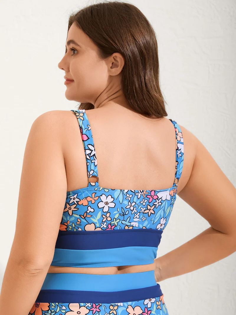 Floral Print Color Contrast Swim Top