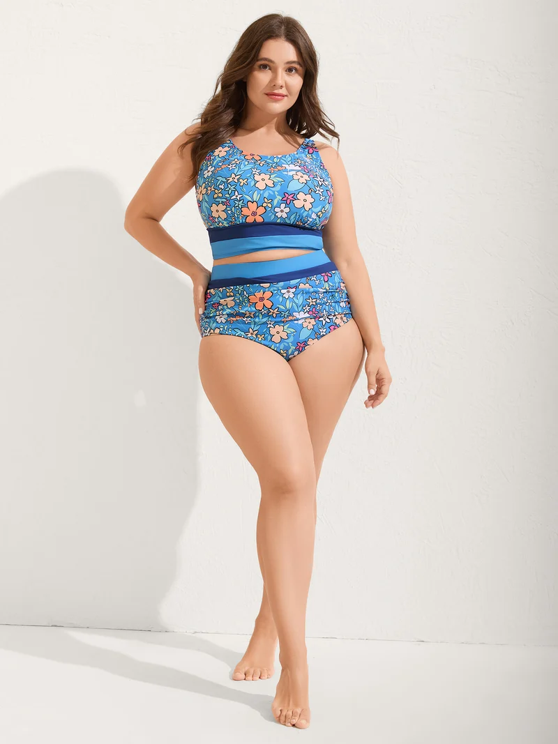 Floral Print Color Contrast Swim Top