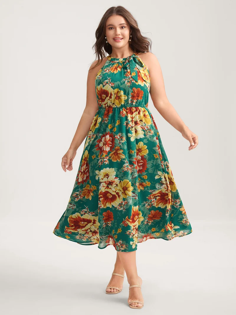 Large Floral Print Stretchy-Waist Midi Dress