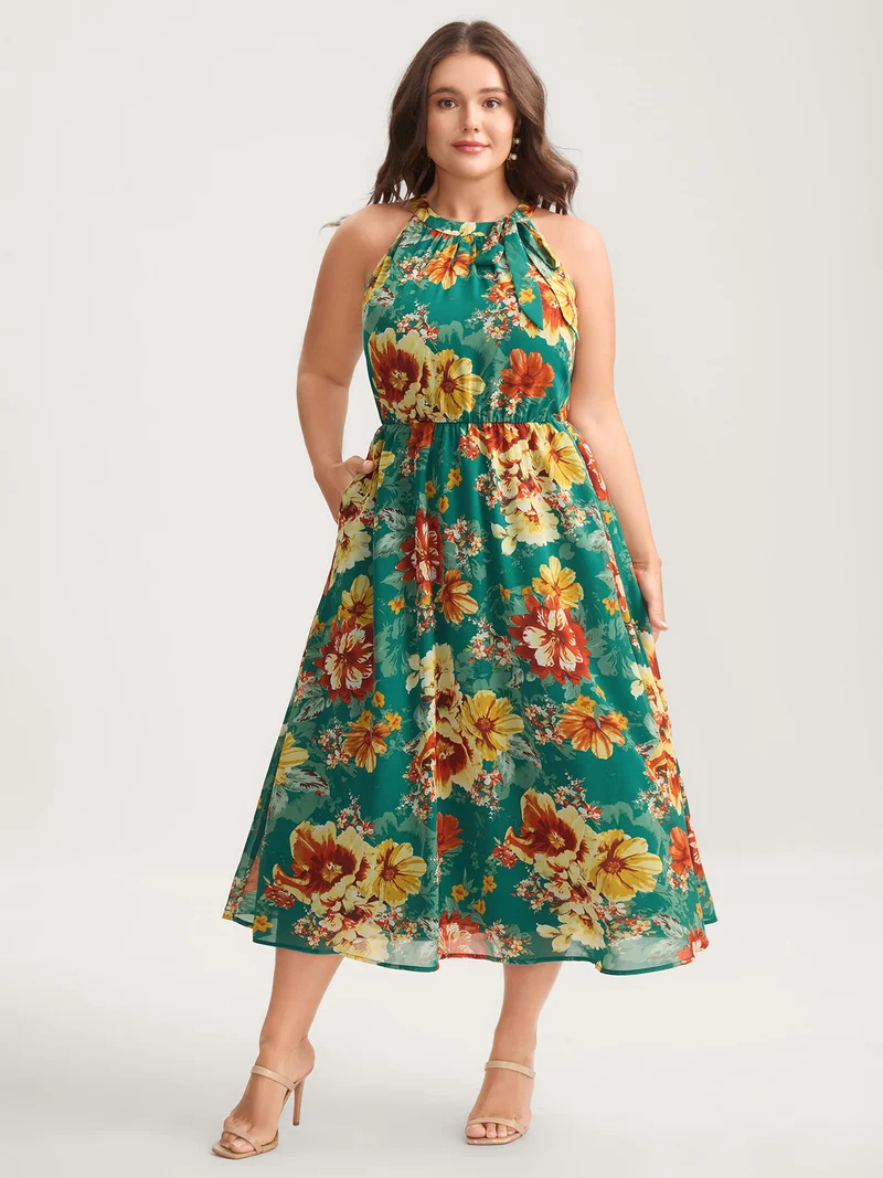 Large Floral Print Stretchy-Waist Midi Dress