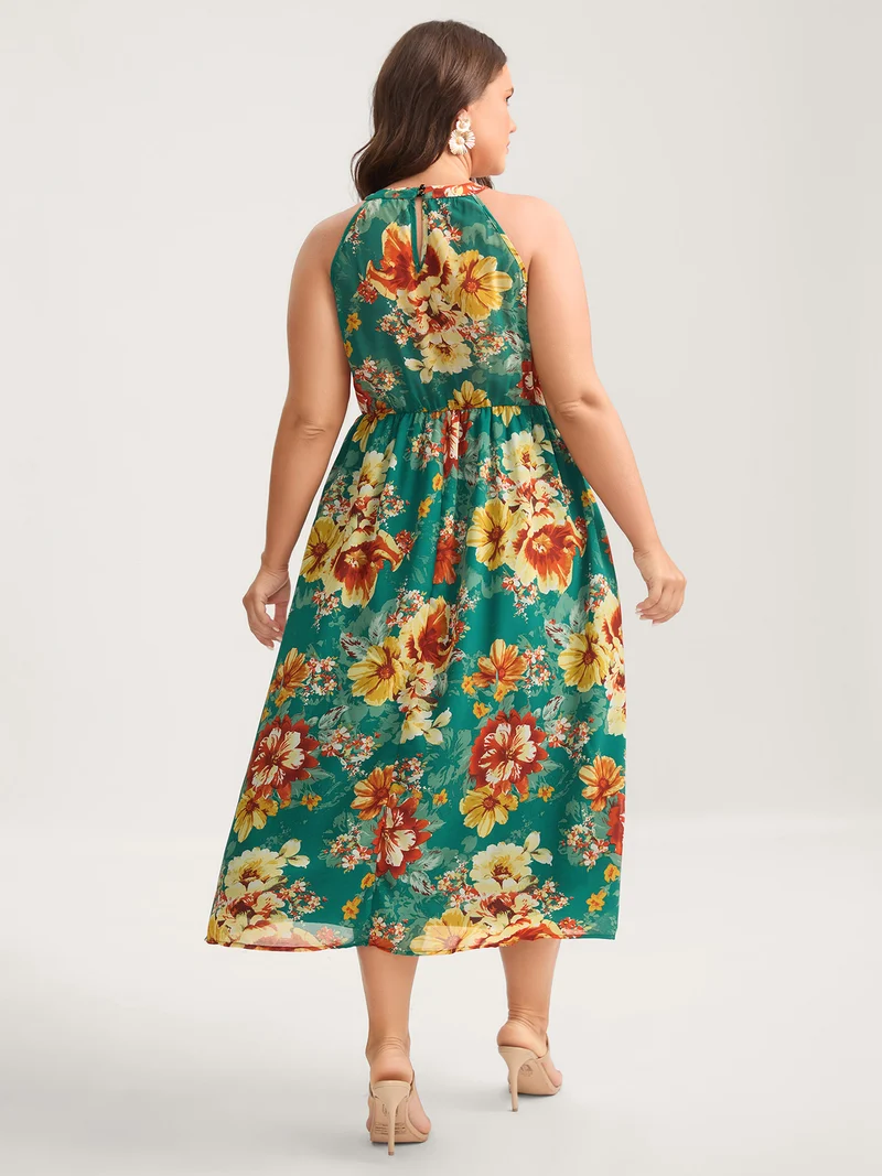 Large Floral Print Stretchy-Waist Midi Dress