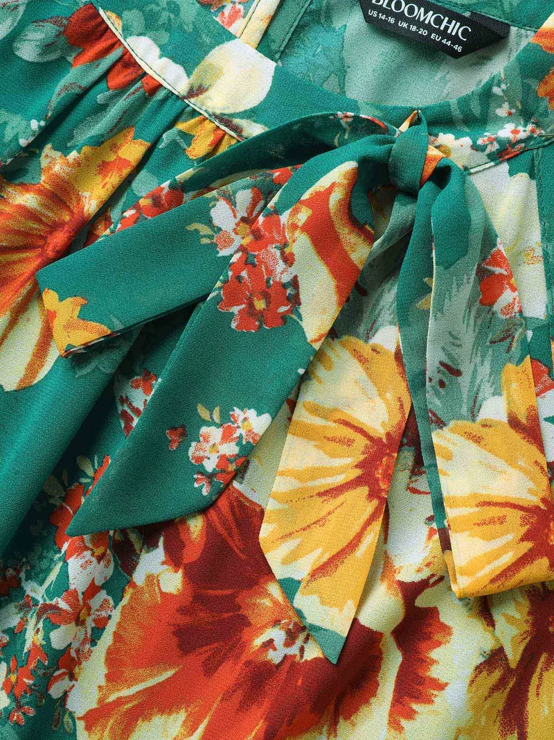 Large Floral Print Stretchy-Waist Midi Dress
