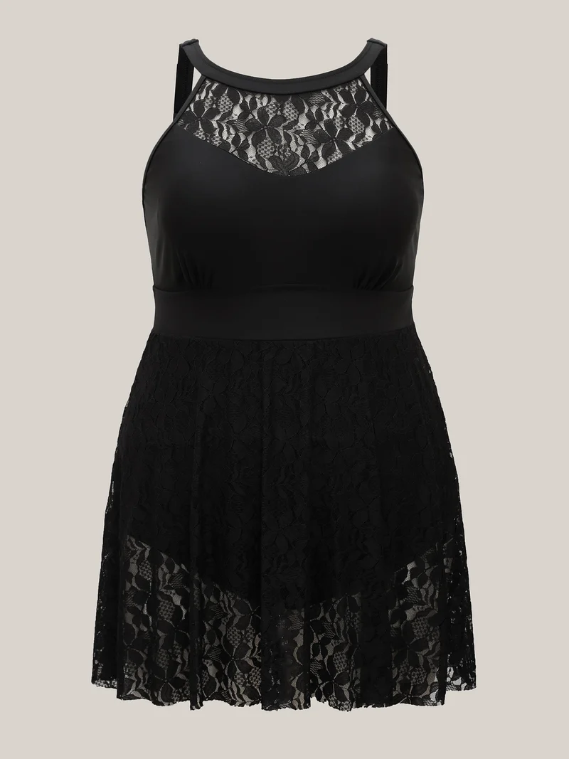 Lace Sheer Slit Adjustable Straps Swim Dress
