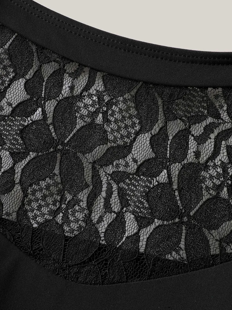 Lace Sheer Slit Adjustable Straps Swim Dress