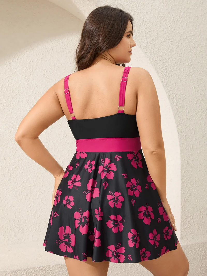 Color Contrast Floral Drawstring Swim Dress