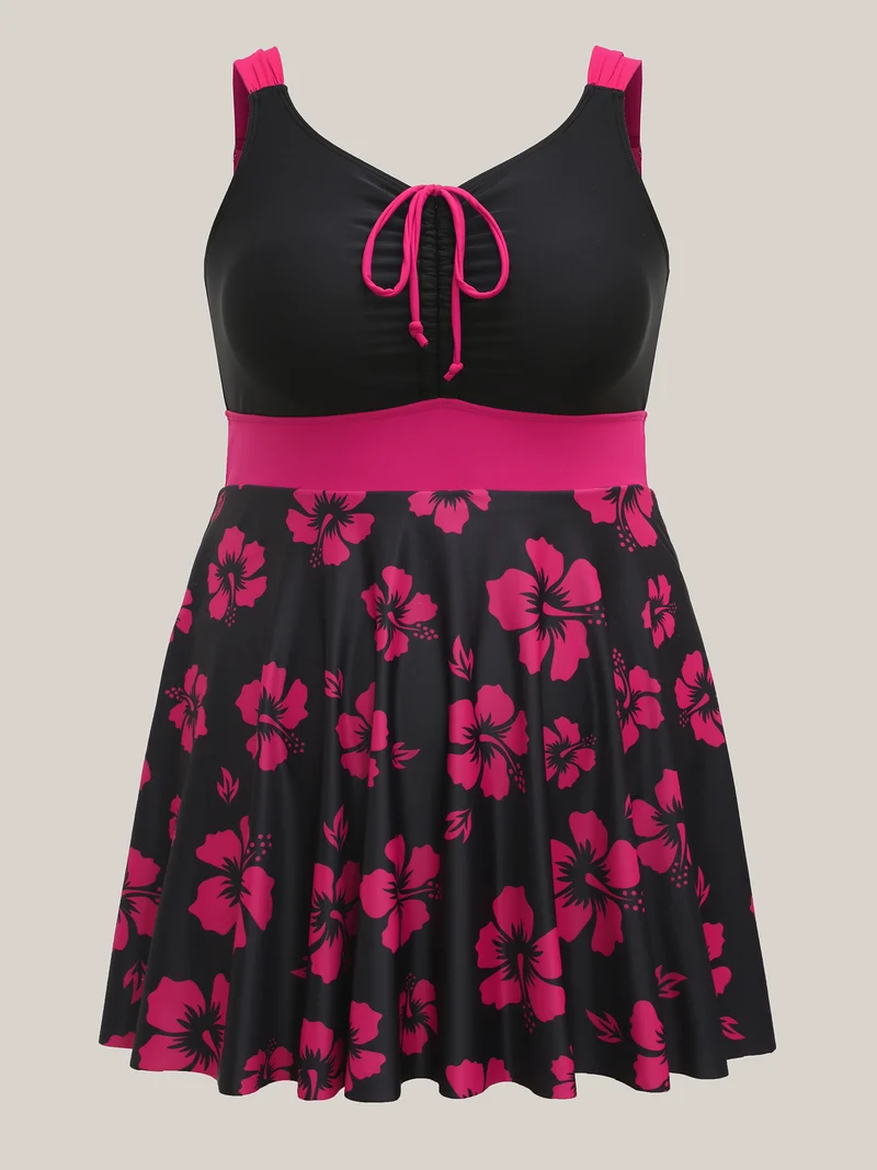 Color Contrast Floral Drawstring Swim Dress