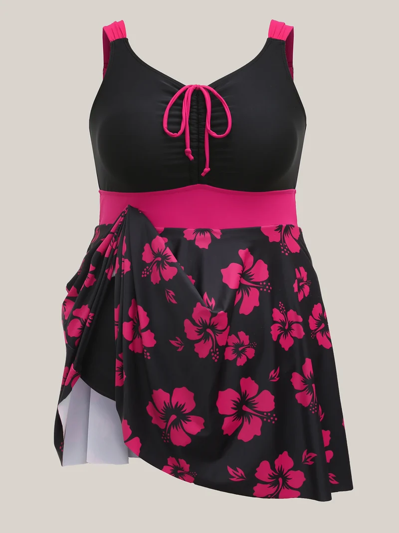 Color Contrast Floral Drawstring Swim Dress