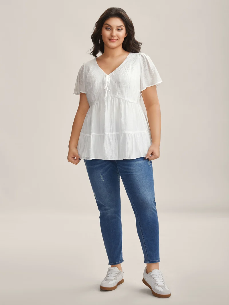 Sheer V-Neck Tie Tiered Blouse