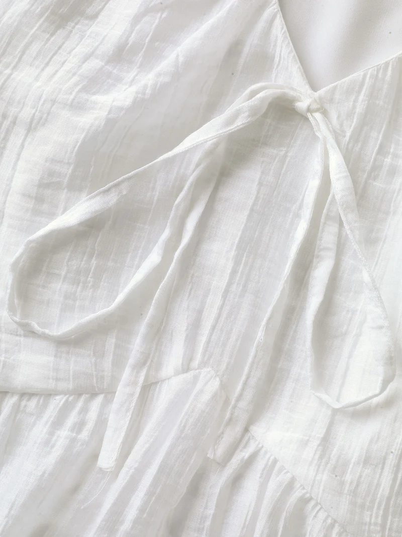 Sheer V-Neck Tie Tiered Blouse