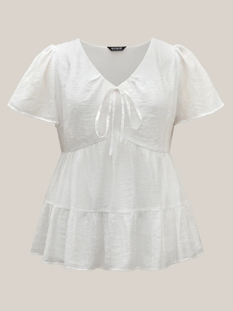 Sheer V-Neck Tie Tiered Blouse