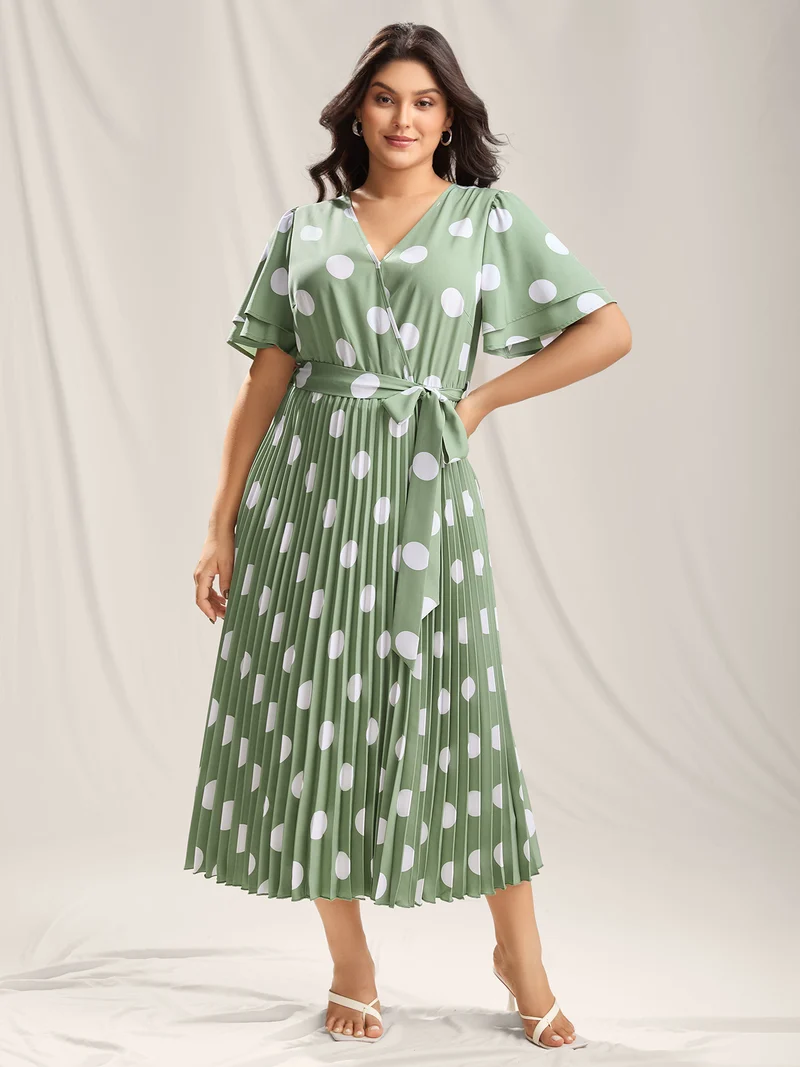 Polka Dots Print Plicated Detail Maxi Dress