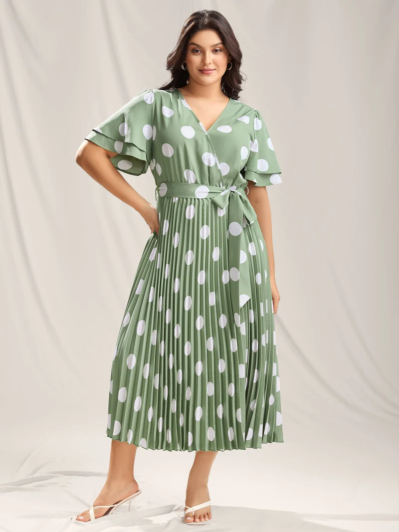 Polka Dots Print Plicated Detail Maxi Dress