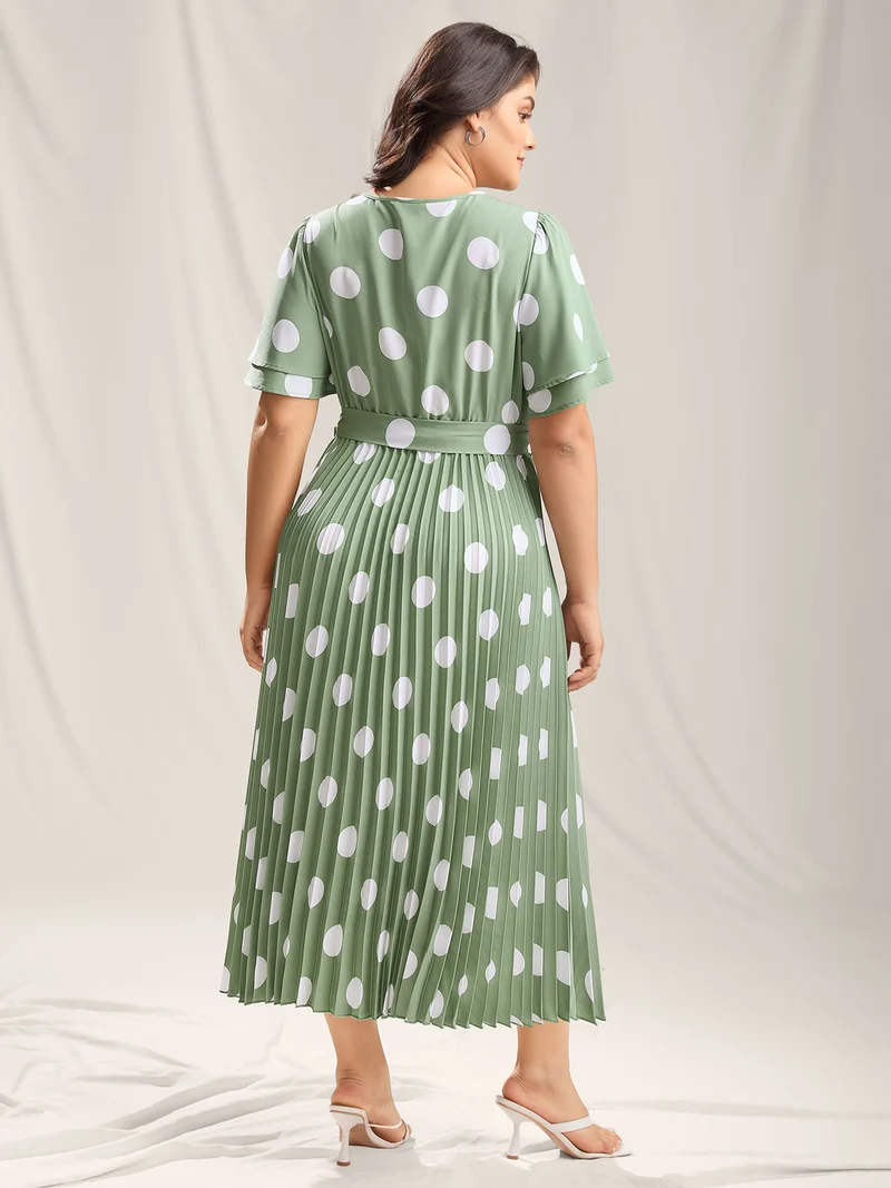 Polka Dots Print Plicated Detail Maxi Dress