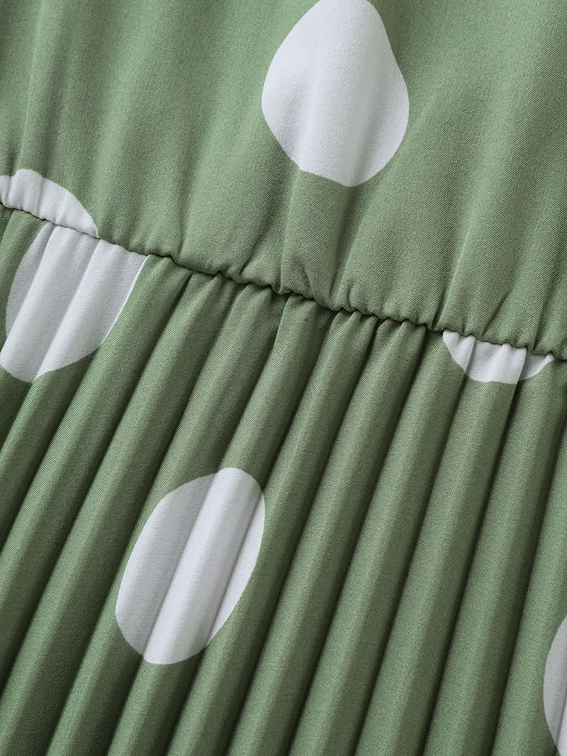 Polka Dots Print Plicated Detail Maxi Dress