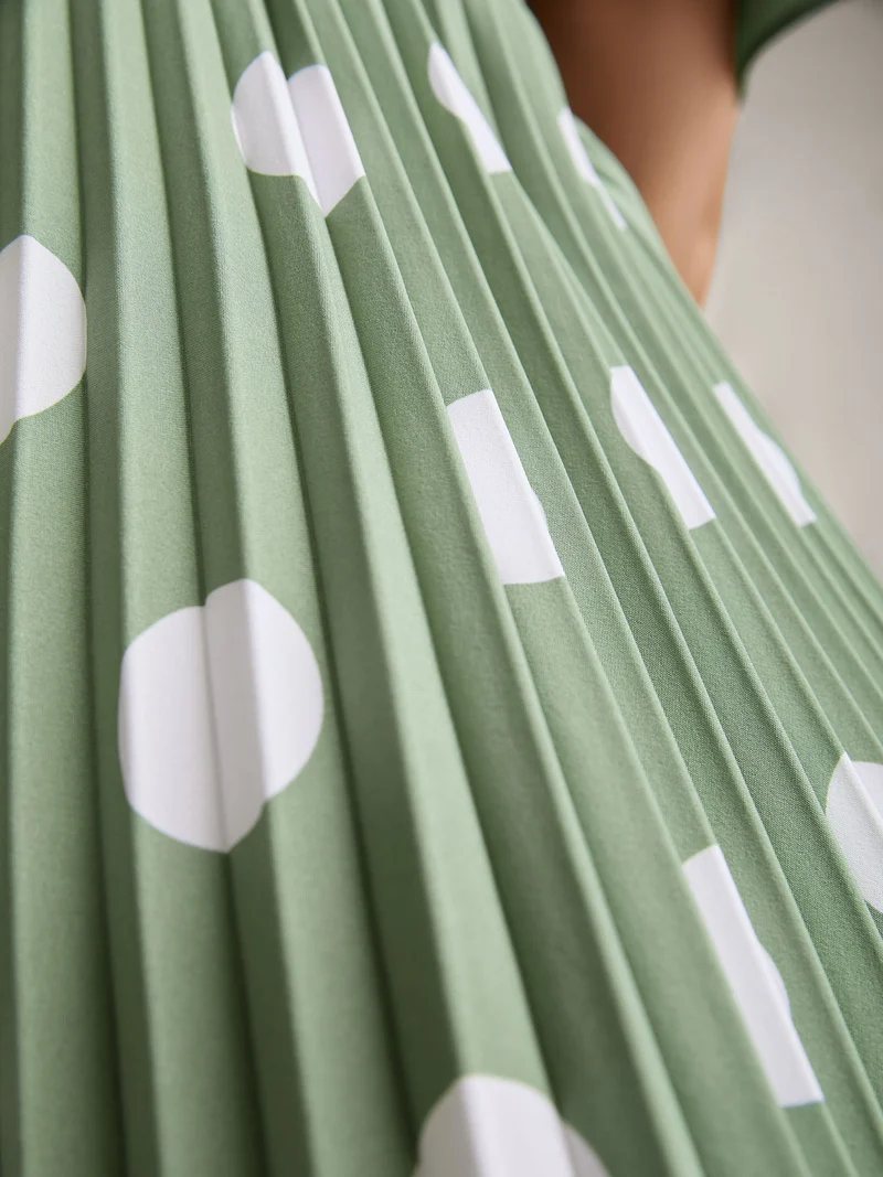 Polka Dots Print Plicated Detail Maxi Dress