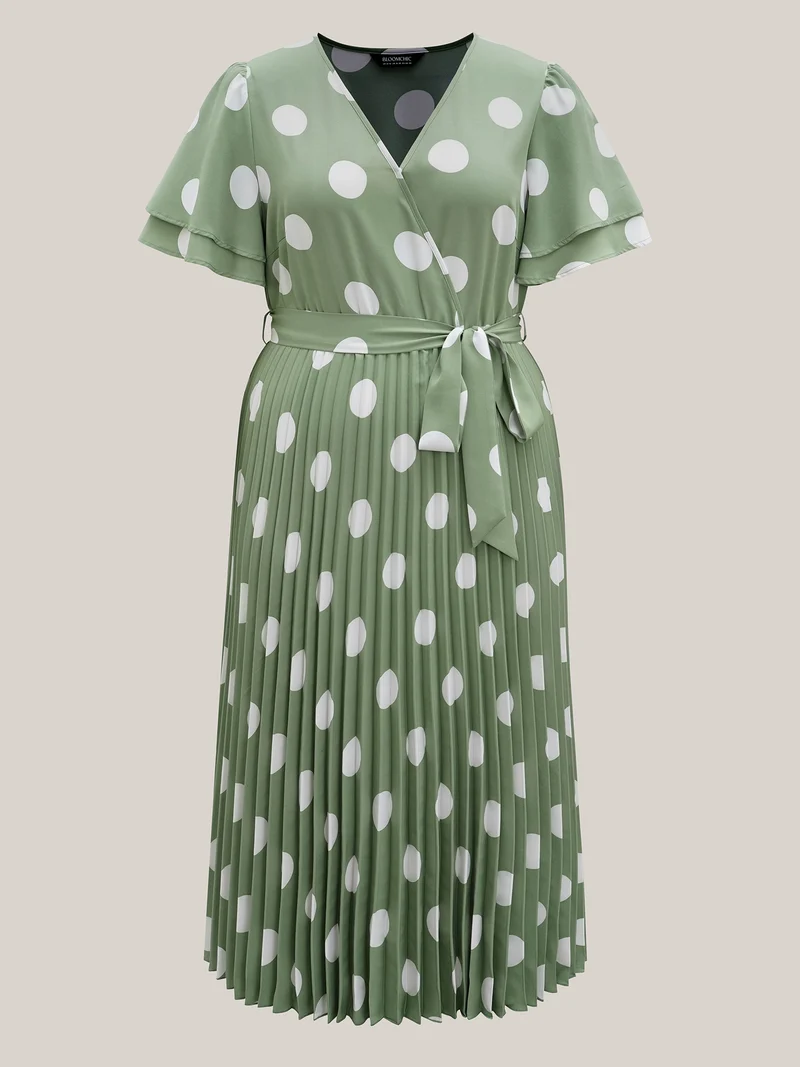 Polka Dots Print Plicated Detail Maxi Dress