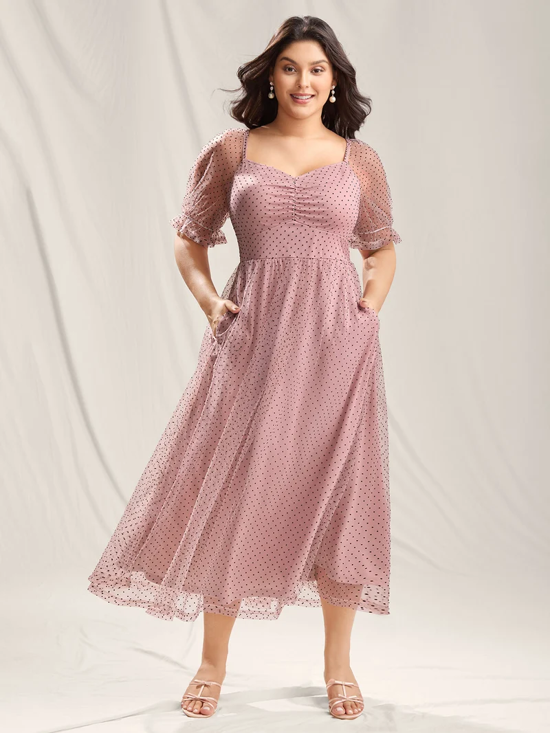 Polka Dot Print Ruched Textured Midi Dress
