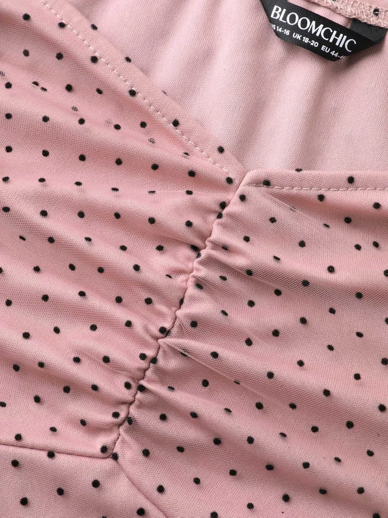 Polka Dot Print Ruched Textured Midi Dress