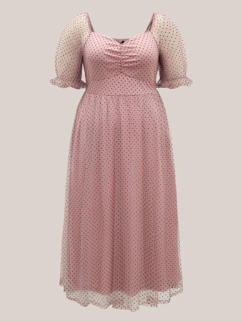 Polka Dot Print Ruched Textured Midi Dress