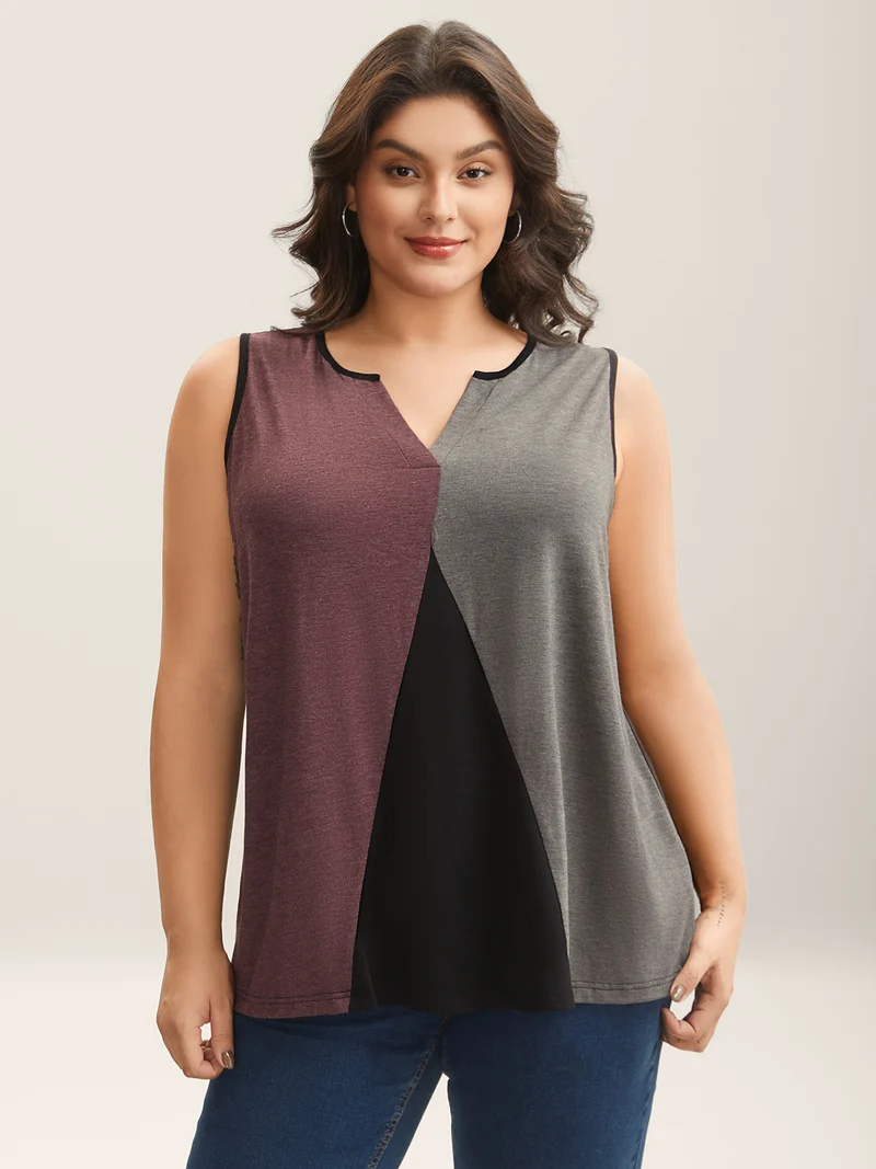 Color Block Flowy Split Neck Tank Top