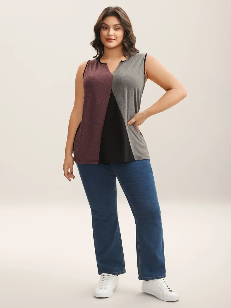Color Block Flowy Split Neck Tank Top