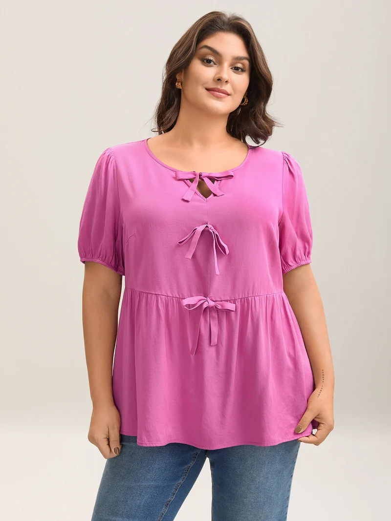 Bow Detail Plain Babydoll Puff Sleeve Shirt
