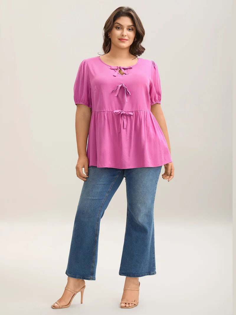 Bow Detail Plain Babydoll Puff Sleeve Shirt